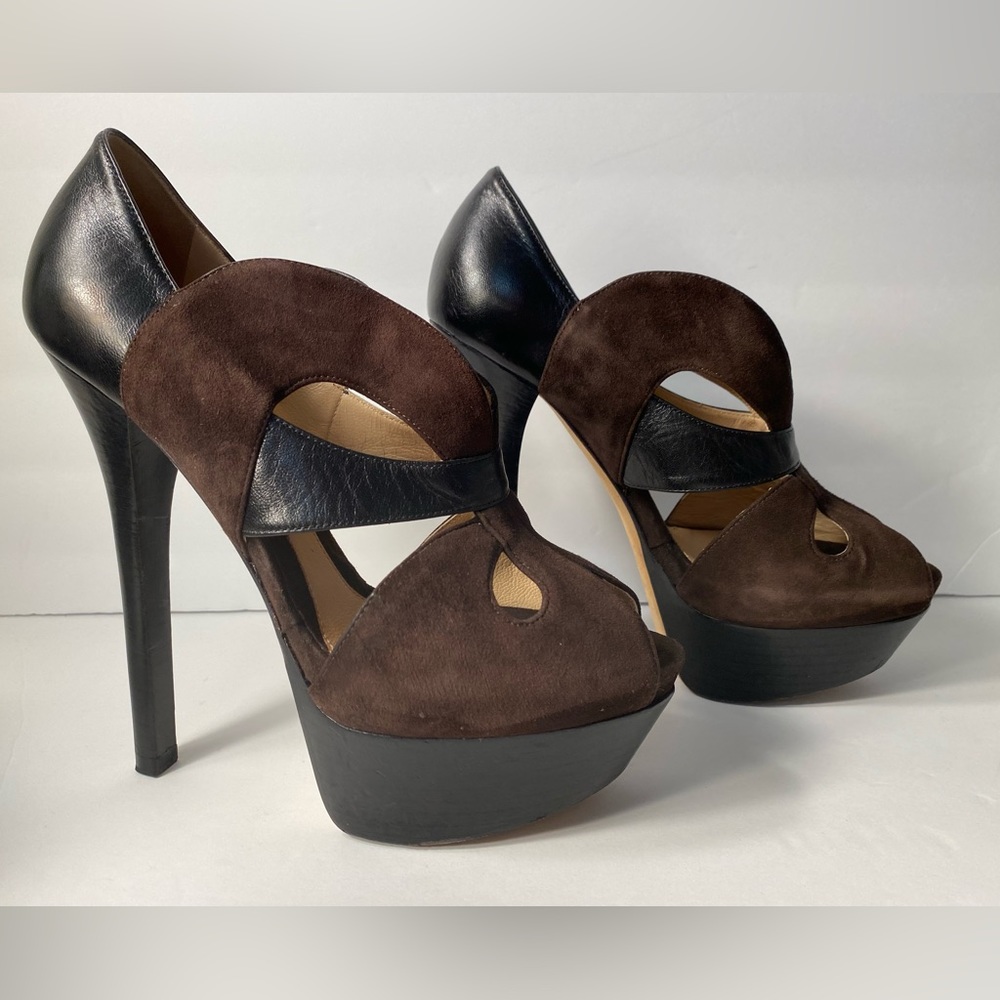 Fendi open toe pumps heels suede leather platform black brown 37.5